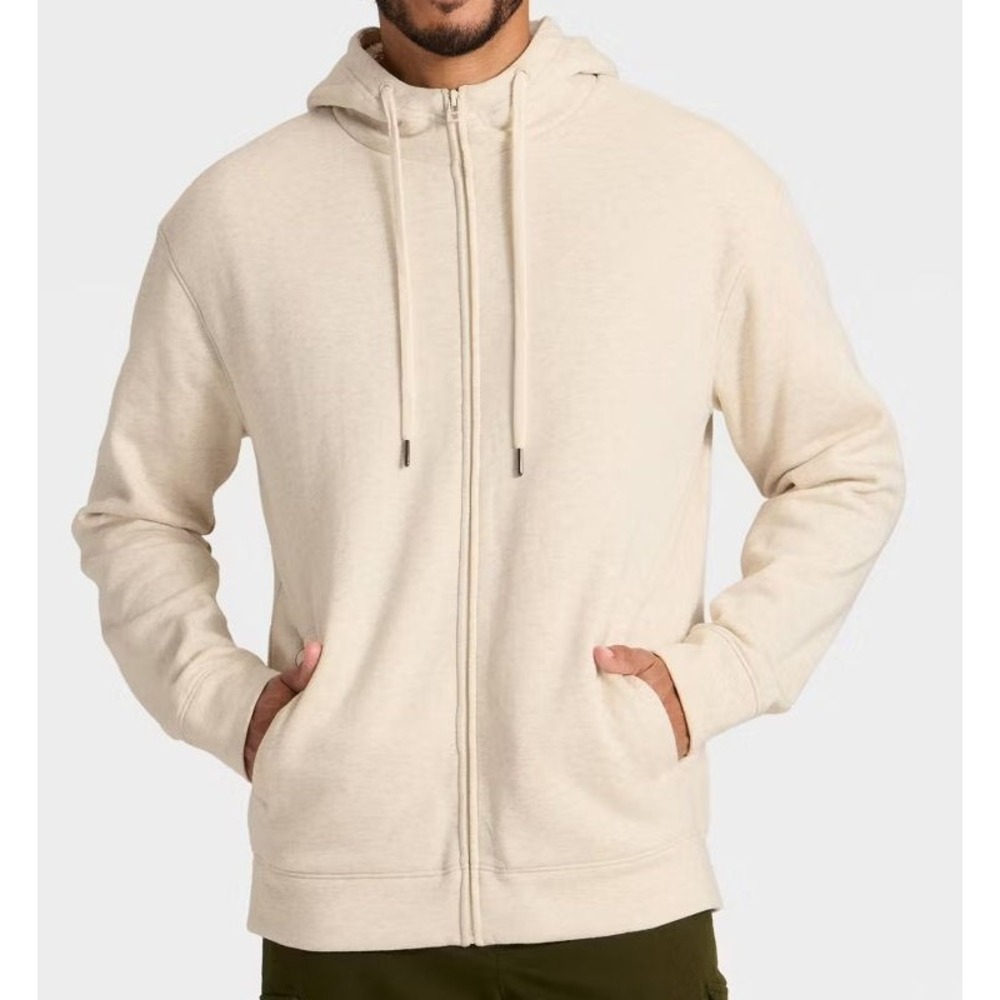 Goodfellow Men's High Pile Lined Fleece Hooded Full Zip Sweatshirt - Oatmeal XL